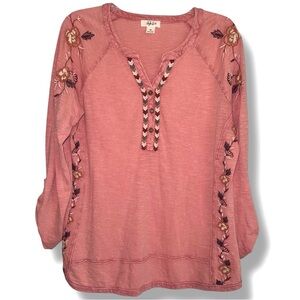 Style & Co Size Medium Classic Cotton Embroidered Peach Henley Roll Tab Sleeves